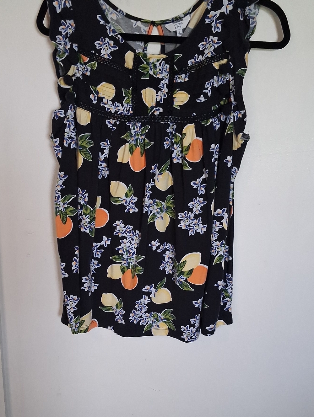 crown & ivy Black Citrus and Floral Sleeveless Tank